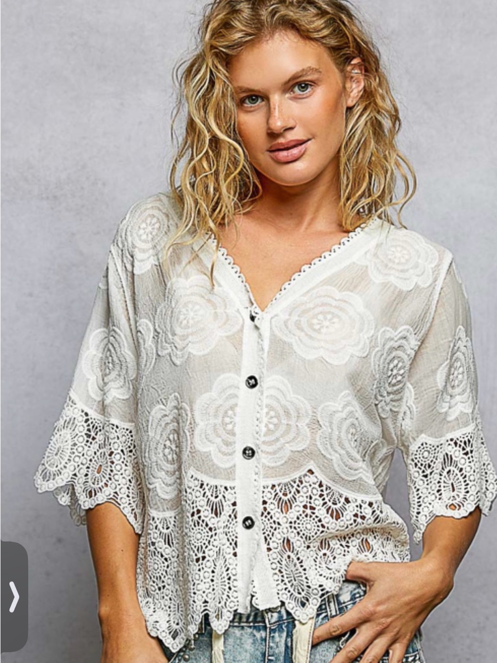 K11. POL cream Floral Lace Button-Front Blouse